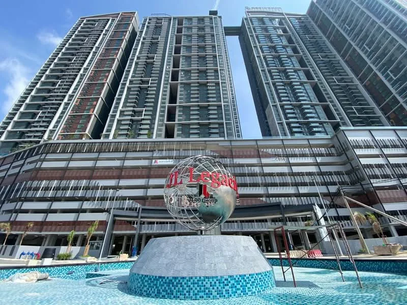 Exterior type: high-rise condominium; features: glass curtain wall, projecting balconies, feature water wall, swimming pool deck, landscaped garden, outdoor seating area, signage with name, modern architectural design; style: modern.
