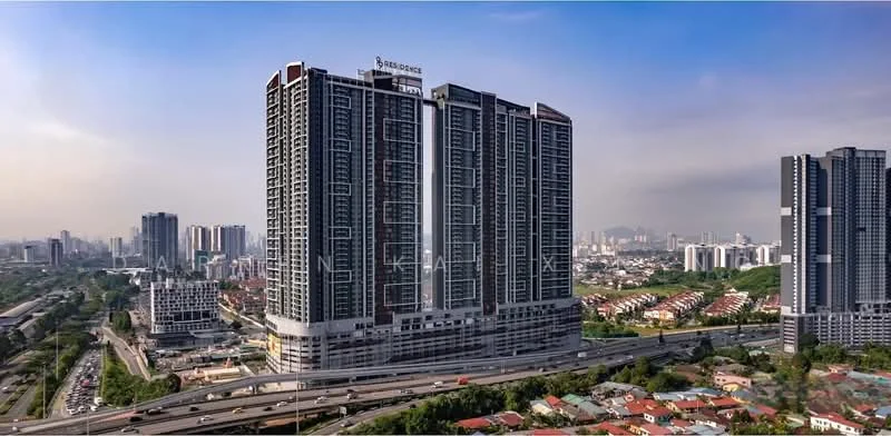Exterior type: high-rise condominium; features: glass curtain wall, recessed balconies, multiple storeys, surrounded by urban landscape, adjacent to highway, city skyline in background; style: modern.