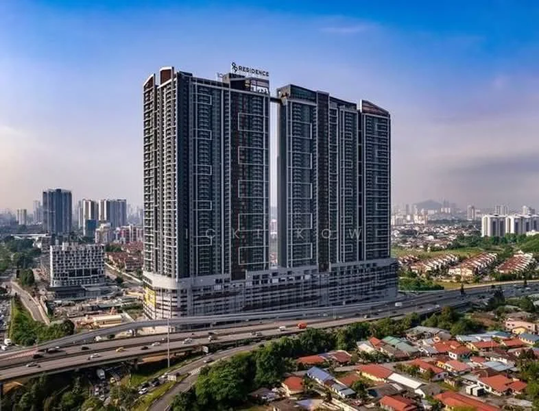 Exterior type: high-rise condominium; features: glass curtain wall, projecting balconies, multiple storeys, surrounded by urban landscape, adjacent to highway, city skyline view in background; style: modern.