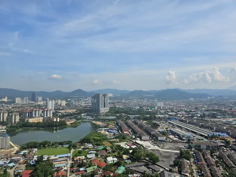 Exterior type: high-rise condominium; features: city skyline view, surrounded by greenery, water body in view, mountain backdrop, urban landscape, mixed-use development, high-rise buildings, low-rise residential areas; style: modern.