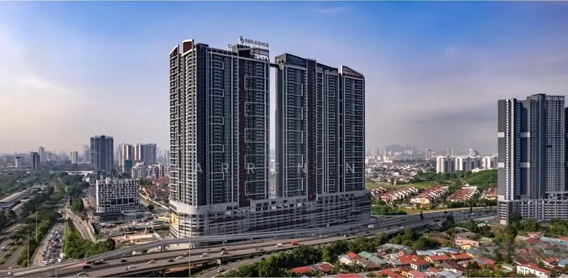 Exterior type: high-rise condominium; features: glass curtain wall, recessed balconies, multiple storeys, surrounded by urban landscape, highway access visible, city skyline in background; style: modern.