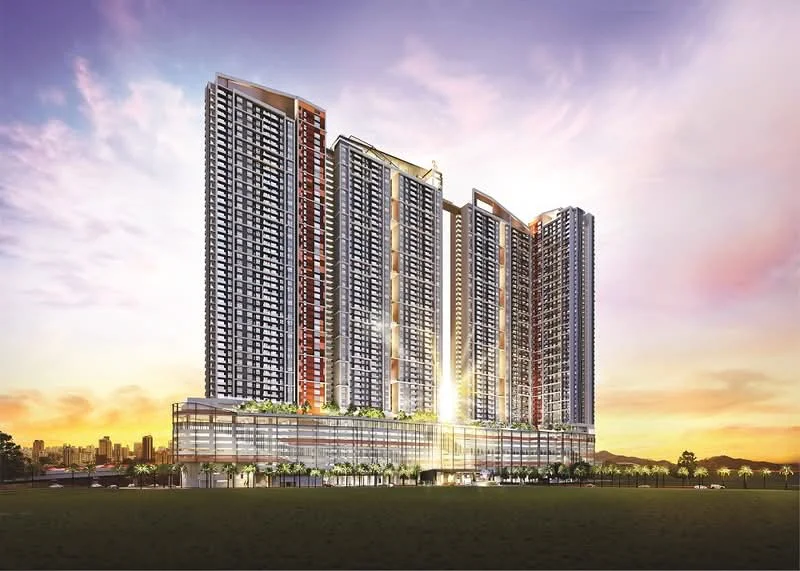 Exterior type: high-rise condominium; features: glass curtain wall, projecting balconies, feature lighting at night, manicured lawn, surrounded by mature greenery, multi-storey car park, double-volume main lobby; style: modern.