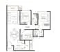 Floor plan: 3-bedroom 2-bathroom unit; features: open-plan kitchen-dining-living, master bedroom with ensuite bathroom, bedroom 2 with shared bathroom, utility room, balcony off living room, central foyer, 2 car porch, 1,200 sqft built-up.