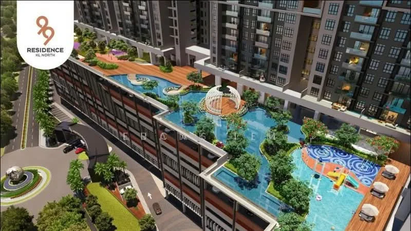 Exterior type: high-rise condominium; features: infinity pool, swimming pool deck, landscaped garden, water features, children's playground, BBQ pit, outdoor dining area, manicured lawn, palm trees, decorative pathways, multiple levels of pool areas, modern architectural design; style: modern.