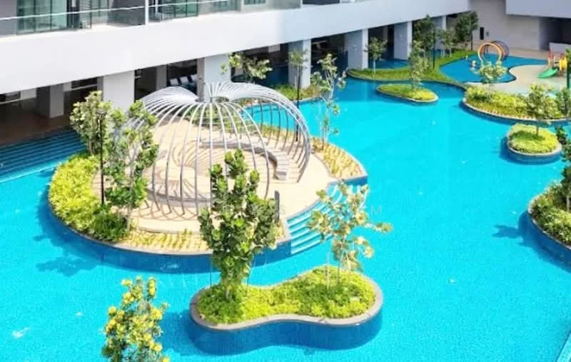 Exterior type: swimming pool deck; features: infinity pool, landscaped garden with greenery, decorative gazebo structure, stepping stone pathways, children's playground area, surrounding planters with trees, blue tiled pool surface, pool deck with loungers; style: modern.