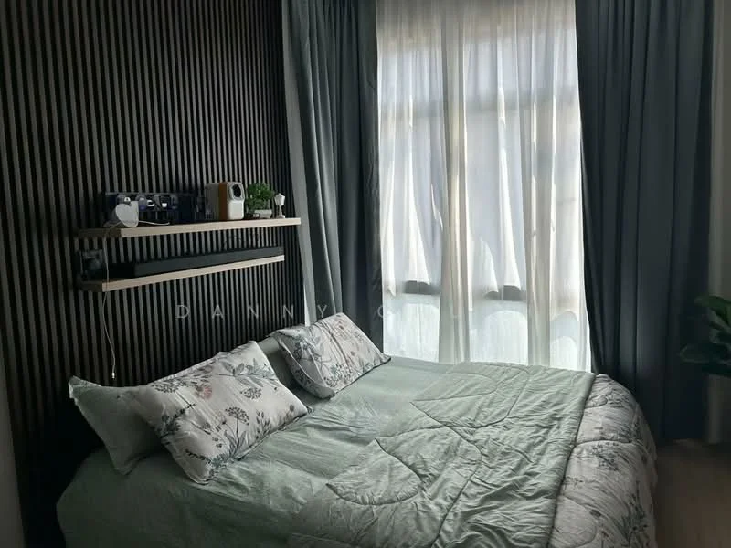 Bedroom features: king-size bed with light green bedding, upholstered headboard, two decorative pillows with floral pattern, wood panel accent wall, floor-to-ceiling windows, sheer white curtains, dark grey curtains, floating shelf with decorative items, indoor plant; style: modern.