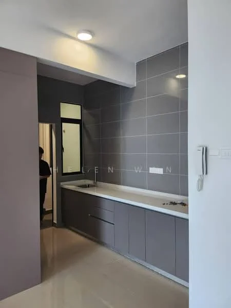 Kitchen features: grey cabinetry, white countertop, single-bowl stainless-steel sink, chrome pull-down faucet, grey tiled backsplash, recessed downlights, floor-to-ceiling window, open layout, polished tile flooring; style: modern.