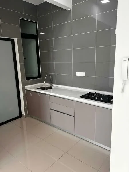 Kitchen features: grey cabinetry, white countertop, single-bowl stainless-steel sink, chrome pull-down faucet, built-in gas hob, wall-mounted window, glossy tile backsplash, polished ceramic tile flooring, recessed downlights; style: modern.