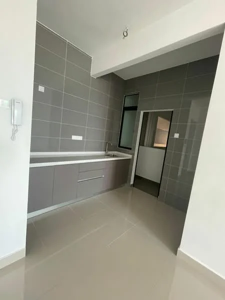 Kitchen features: grey cabinetry, white countertop, single-bowl stainless-steel sink, chrome pull-down faucet, grey tiled walls, glossy floor tiles, built-in cabinetry, open layout; style: modern.