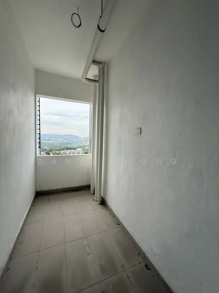 Room features: white painted walls, grey tiled flooring, floor-to-ceiling window, city view, exposed ceiling pipes, minimalist design; style: minimalist; view: city.