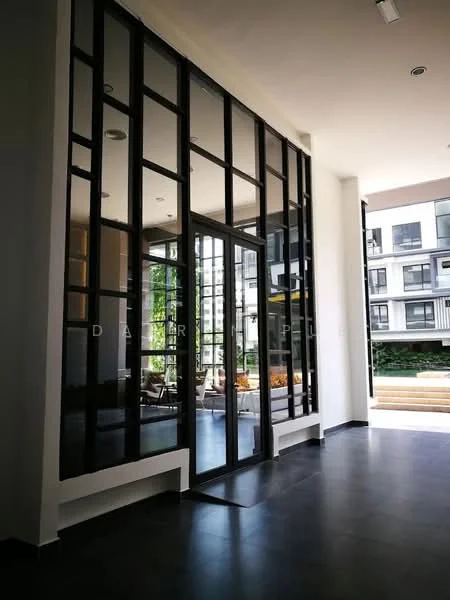 Room features: glass doors, black metal framing, white painted walls, dark tile flooring, recessed ceiling lights, large windows, outdoor view, open layout; style: modern; view: garden.