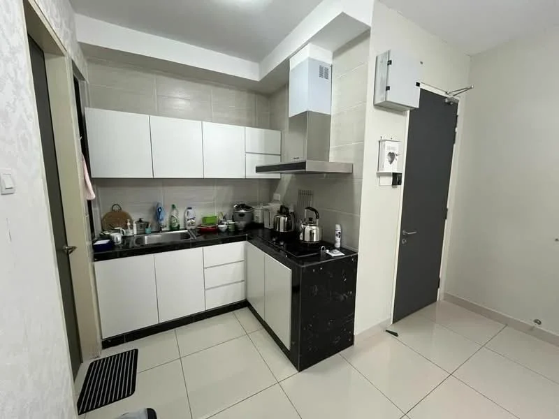 Kitchen features: white flat-panel cabinets, black granite countertop, stainless-steel range hood, stainless-steel kettle, stainless-steel cooking pot, built-in sink, ceramic tile backsplash, ceramic tile flooring, recessed downlights, wall-mounted electrical panel, single-bowl stainless-steel sink, chrome pull-down faucet, microwave, stainless-steel appliances; style: modern.