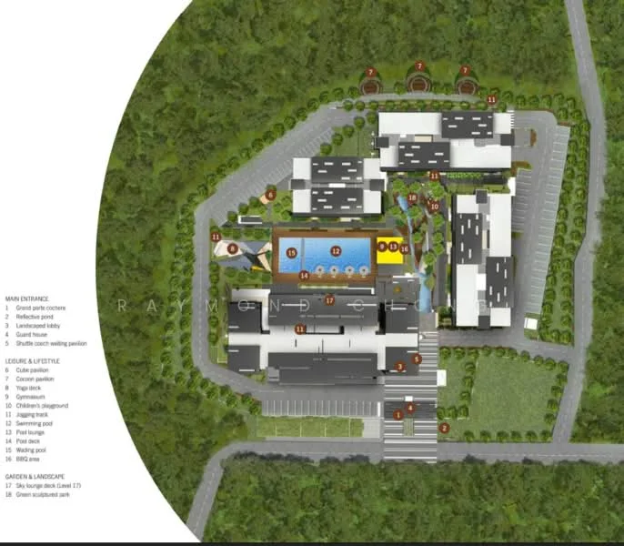 Floor plan: features: main entrance with drop-off area, garden landscape with pathways, swimming pool, children's playground, outdoor dining pavilion, jogging track, BBQ pit, clubhouse, parking area, landscaped gardens, water features, seating areas.