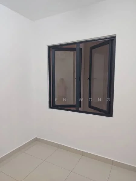 Room features: white painted walls, floor-to-ceiling window with black frame, grey tiled flooring.