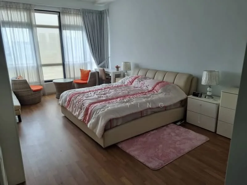 Bedroom features: king-size bed with upholstered headboard, pink and white striped bedding, two bedside lamps, wooden flooring, large window with sheer curtains, two accent chairs, small round table, nightstand, pink area rug; style: modern; view: city.
