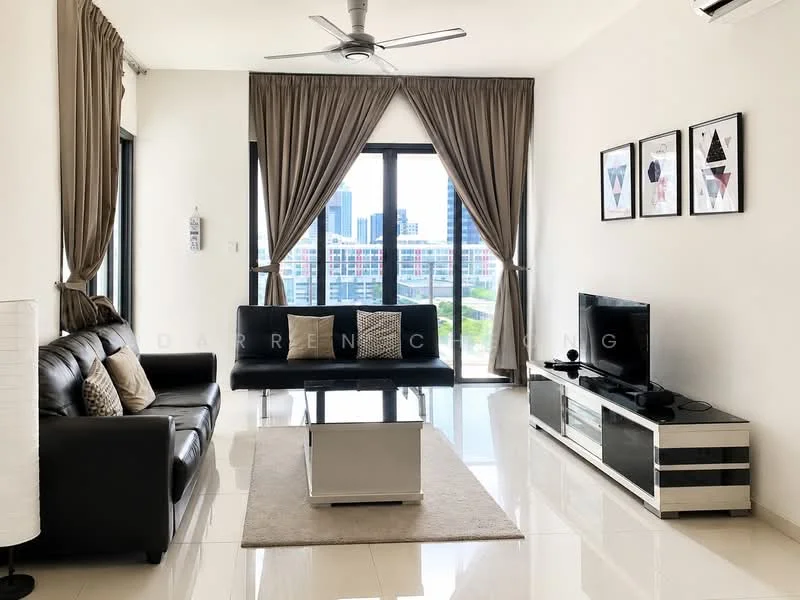 Living features: 3-seater leather sofa in black, coffee table, TV console, wall-mounted TV, area rug, floor-to-ceiling windows, curtains in taupe, ceiling fan with light, decorative wall art in frames, polished ceramic tile flooring, air conditioning unit; style: modern; view: city.