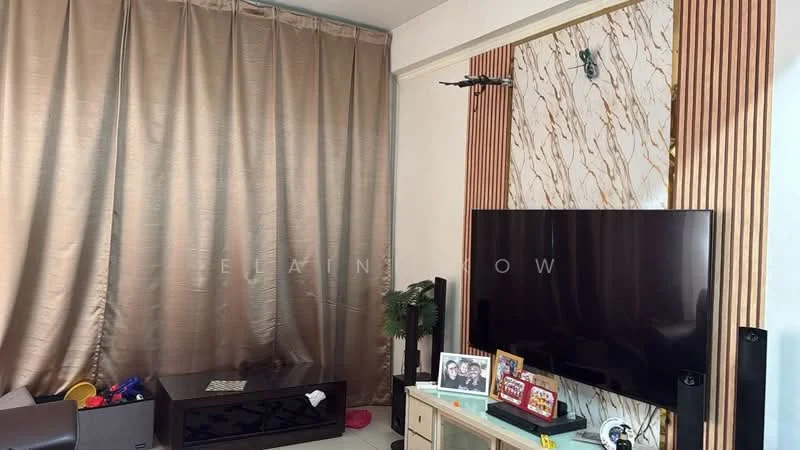 Living features: beige curtains, wood paneling, marble accent wall, black TV console, large flat-screen TV, decorative items on console, plant, light-colored flooring; style: modern.