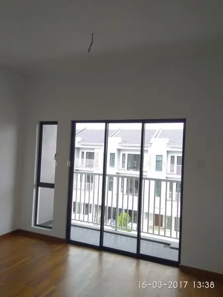 Room features: white painted walls, wooden flooring, floor-to-ceiling sliding glass door, balcony with railing, window with frame, natural light from window, minimalist design, unfurnished space; style: minimalist; view: courtyard.