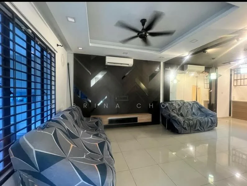 Living features: 2-seater fabric sofa with geometric pattern, 3-blade ceiling fan, wall-mounted TV, TV console, recessed downlights, white painted walls, grey accent wall, glossy tile flooring, air conditioning unit, window with black grilles, decorative wall paneling; style: modern.
