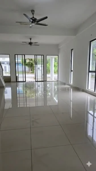 Room features: white painted walls, polished ceramic tile flooring, 2 ceiling fans, large floor-to-ceiling windows, sliding glass door, natural light, open layout, high ceiling; style: modern; view: garden.