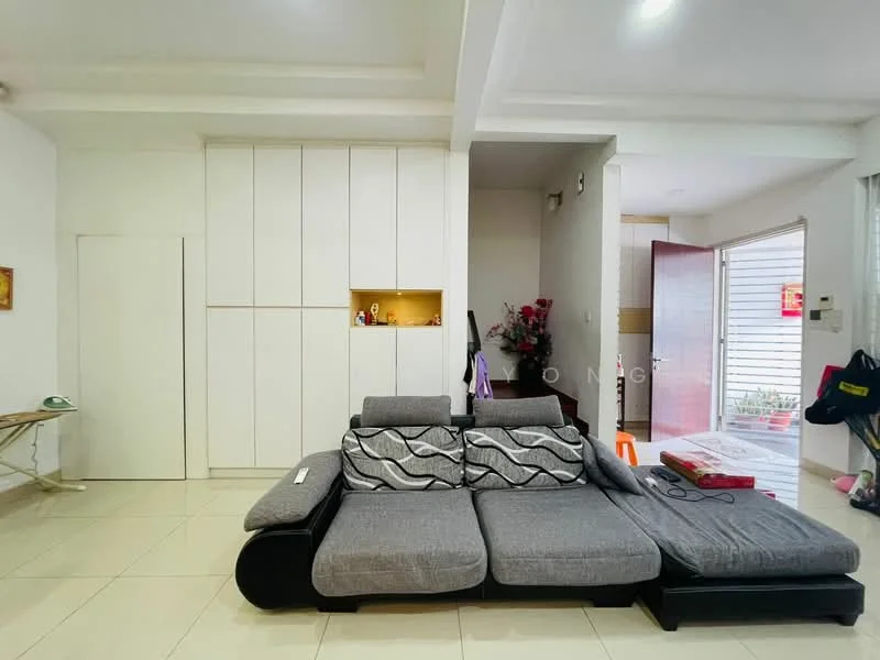 Living features: grey fabric sectional sofa, white built-in cabinetry, white painted walls, tile flooring, recessed lighting, open doorway, decorative wall niche, door leading outside; style: modern.