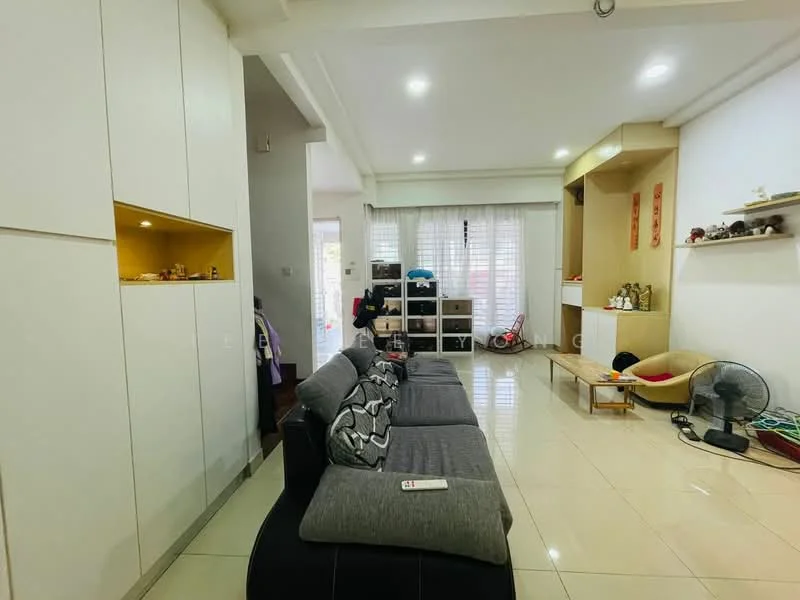Living features: grey fabric sectional sofa, white built-in cabinetry, open shelving, tile flooring, recessed lighting, floor-to-ceiling windows with sheer curtains, decorative wall shelves, wall-mounted fan, neutral wall colour, wooden bench, storage boxes, decorative items on shelves; style: modern.