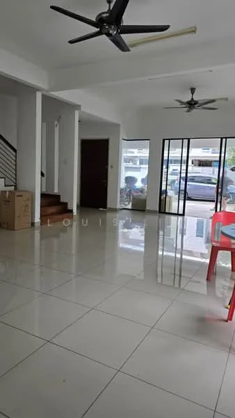 Living features: white painted walls, glossy ceramic tile flooring, 2 ceiling fans, large floor-to-ceiling windows, open layout, staircase visible, natural light, dining area with red chairs, boxes in the corner; style: modern; view: street.