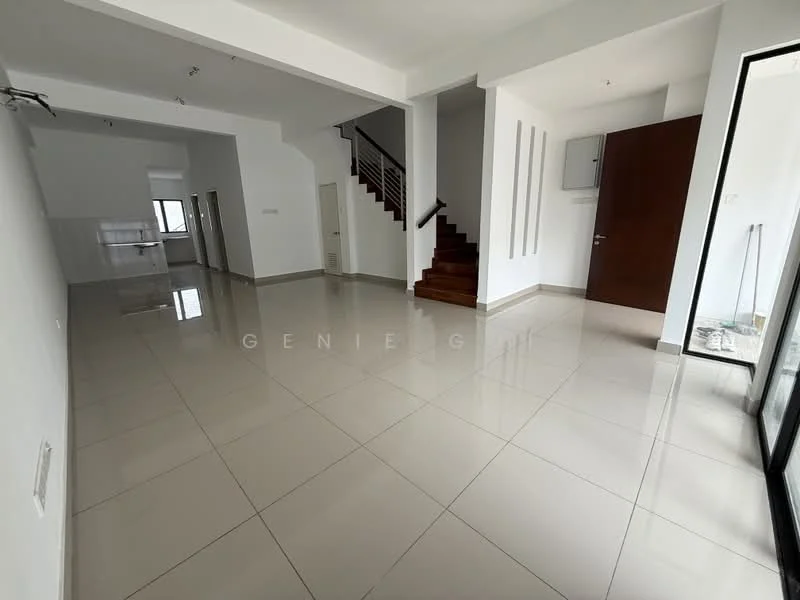 Living features: white painted walls, glossy ceramic tile flooring, staircase with wooden steps, large glass sliding door, natural light from windows, open layout, high ceiling, recessed downlights; style: modern. Kitchen features: white tiled walls, ceramic tile flooring, open layout to living area, kitchen counter space, natural light from window; style: modern.