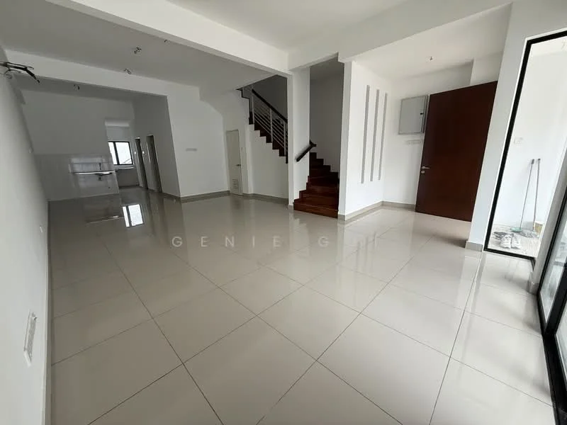Living features: white painted walls, glossy ceramic tile flooring, staircase with wooden steps, large glass sliding door, natural light from windows, open layout, ceiling lights, corner space for furniture; style: modern. Kitchen features: white tiled backsplash, kitchen cabinetry, countertop space, open layout to living area; style: modern.