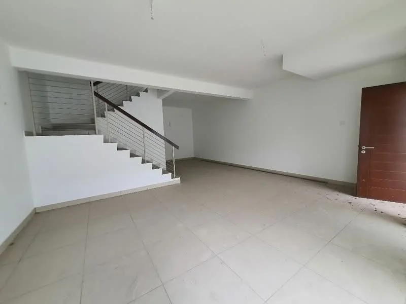 Room features: white painted walls, tile flooring, staircase with metal railing, large windows, door with wooden finish, open layout, neutral color scheme, no visible furniture; style: modern.