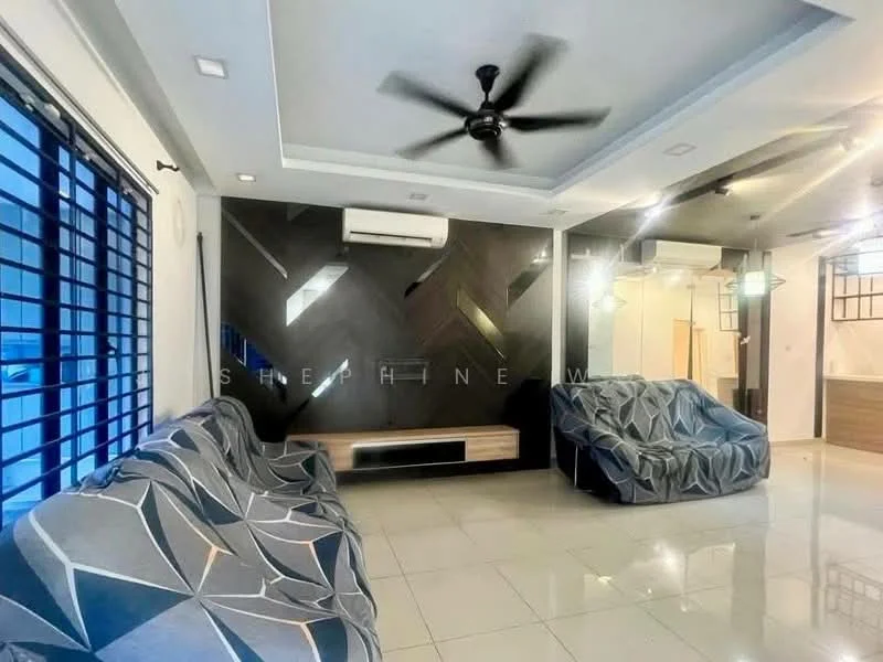 Living features: 2 fabric sofas with geometric pattern, wall-mounted TV console, black accent wall with wood paneling, white painted walls, recessed ceiling lights, 5-blade ceiling fan, large windows with black metal grilles, glossy tile flooring, air conditioning unit, decorative wall clock; style: modern.