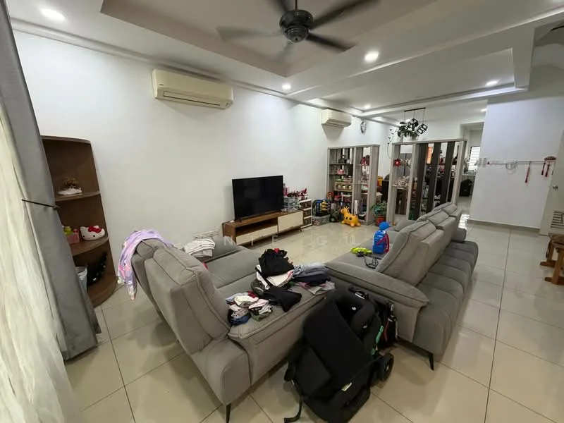 Living features: 3-seater fabric sofa in grey, wall-mounted TV, TV console, ceiling fan, 2 wall-mounted split ACs, cream painted walls, glossy tile flooring, decorative shelving unit, children's toys visible, laundry items on sofa; style: modern.