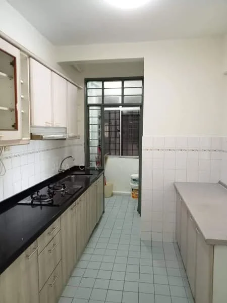 Kitchen features: black granite countertop, light wood cabinetry, stainless-steel sink, 4-burner gas hob, white tiled backsplash, white tiled walls, light blue ceramic tile flooring, window with metal grille, built-in cabinets, open layout to adjacent area; style: modern.