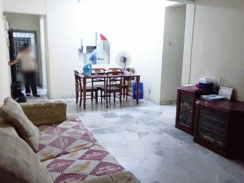 Living features: sofa with patterned upholstery, marble flooring, dining table with chairs, ceiling fan, wall-mounted fan, wooden side cabinet, glass-fronted cabinet, neutral painted walls, open layout, natural light from doorway.