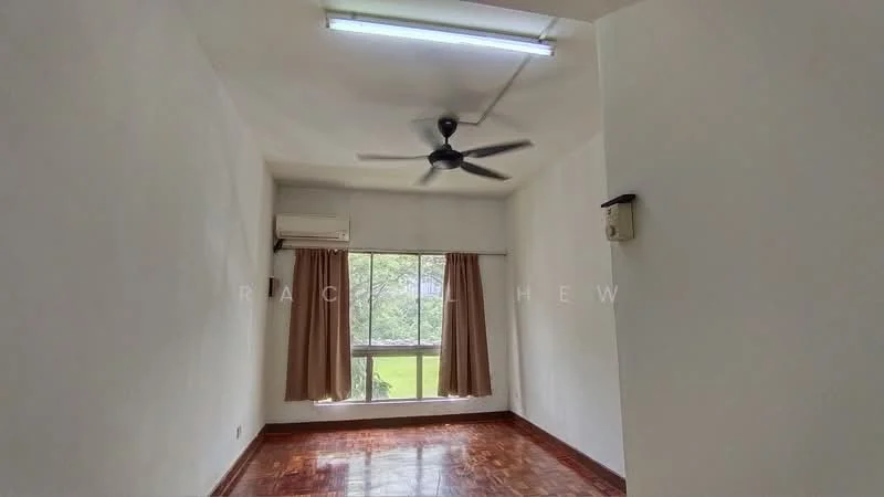 Room features: white painted walls, wooden flooring, 5-blade ceiling fan, wall-mounted split AC, floor-to-ceiling windows, sheer curtains, natural light from window, view of greenery outside; view: garden.