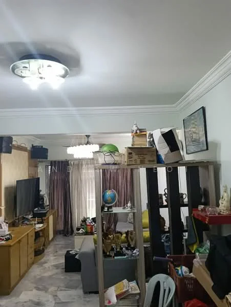 Living features: recessed ceiling with chandelier, 3-blade ceiling fan, wall-mounted TV, wooden TV console, light-colored walls, marble tile flooring, large windows with sheer curtains, decorative wall art, open shelving unit, various decorative items, green sofa, storage boxes, area rug; style: modern.