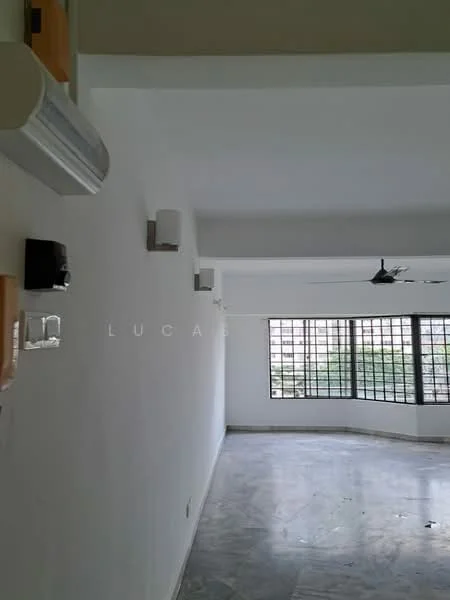 Room features: white painted walls, marble flooring, ceiling fan, multiple wall-mounted light fixtures, large windows, grid-pattern window design.
