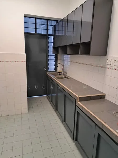 Kitchen features: grey cabinetry, laminate countertop, single-bowl stainless-steel sink, chrome pull-down faucet, white tiled walls, grey tiled flooring, window with metal grille, door to exterior.
