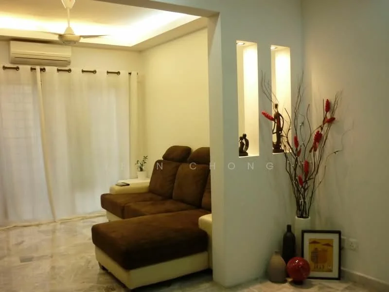 Living features: L-shape sectional sofa in brown, marble flooring, white painted walls, recessed ceiling with lighting, floor-to-ceiling curtains, decorative wall niche with lighting, decorative vase with flowers, framed artwork, wall-mounted air conditioning unit, ceiling fan; style: modern.