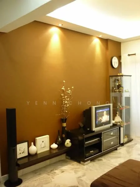 Living features: brown accent wall, marble flooring, recessed downlights, wall-mounted TV, black TV console, glass display cabinet, decorative vases, framed artwork, clock on wall, white sheer curtains; style: modern.