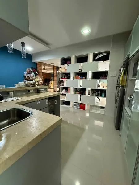 Kitchen features: single-bowl stainless-steel sink, chrome pull-down faucet, marble countertop, grey cabinetry, open shelving, refrigerator, stainless-steel appliances, white tiled backsplash, pendant lighting, polished tile flooring, blue accent wall, kitchen island; style: modern.