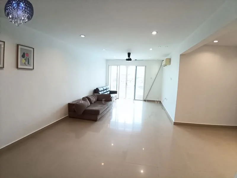 Living features: cream painted walls, glossy tile flooring, 5-blade ceiling fan, recessed downlights, large sliding glass door, floor-to-ceiling windows, sofa in brown fabric, wall-mounted air conditioning unit, framed artwork on walls, natural light from windows; style: modern; view: city.