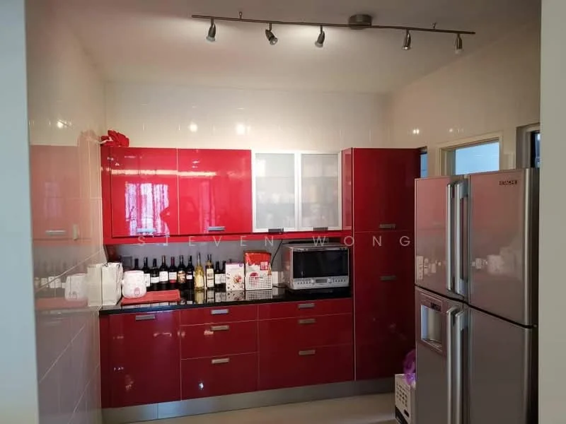 Kitchen features: red high-gloss cabinetry, stainless-steel double-door fridge, built-in microwave, black countertop, white tiled backsplash, under-cabinet lighting, wine rack with multiple bottles, stainless-steel oven, track lighting, ceramic tile flooring; style: modern.