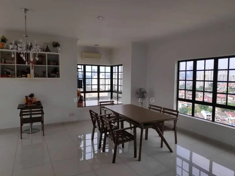 Dining features: dining table with 6 wooden chairs, white painted walls, glossy ceramic tile flooring, ceiling with chandelier, floor-to-ceiling windows, air conditioning unit, decorative shelving unit, wall-mounted fan; style: modern; view: city.