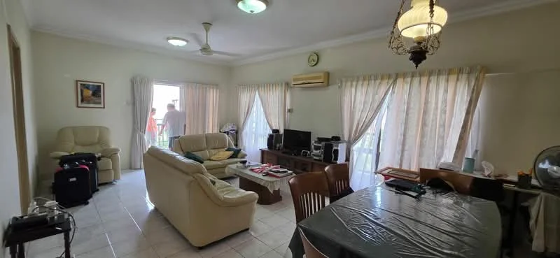 Living features: cream leather sofa, 2-seater sofa, 3-seater sofa, wooden dining table, 4 wooden dining chairs, ceiling fan, recessed downlights, wall-mounted air conditioning unit, floor-to-ceiling windows with sheer curtains, tile flooring, decorative wall clock, framed artwork, area rug; style: contemporary.