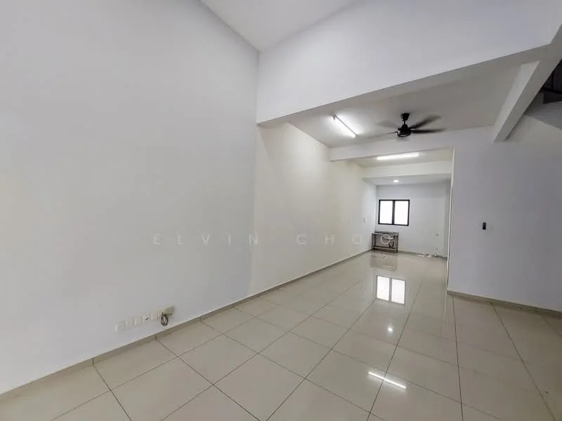 Room features: white painted walls, tile flooring, ceiling fan, window with no treatments, recessed lighting, open layout, corner space, neutral color scheme; style: modern.