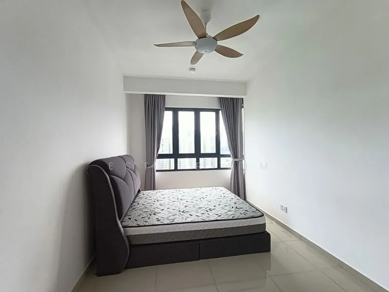 Bedroom features: queen-size bed, upholstered headboard, floor-to-ceiling window, grey curtains, white painted walls, glossy tile flooring, 5-blade ceiling fan with light; style: modern; view: city.