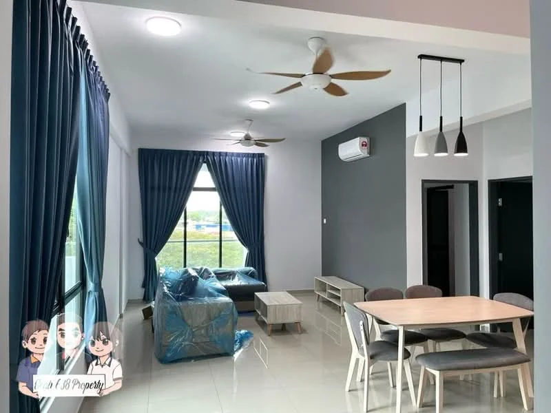 Living features: floor-to-ceiling windows, blue curtains, 5-blade ceiling fan, recessed downlights, light grey walls, white ceiling, polished tile flooring, sofa covered in plastic, coffee table, dining table with chairs, air conditioning unit; style: modern; view: garden.