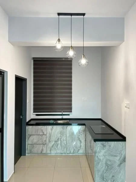 Kitchen features: black granite countertop, marble-patterned cabinetry, single-bowl stainless-steel sink, chrome pull-down faucet, 3 pendant lights, roller blinds, white painted walls, tile flooring; style: modern.