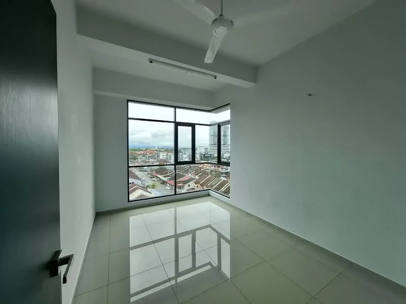 Room features: floor-to-ceiling windows, city view, white painted walls, ceiling fan, glossy tile flooring, natural light, corner room, neutral color scheme; style: modern; view: city.